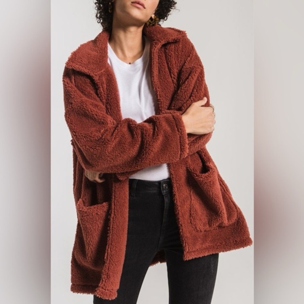 Sherpa Teddy Bear Open Front Jacket in Burgundy- small